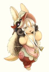 Rule 34 | 1other, animal ears, brown eyes, rabbit ears, full body, furry, highres, kawasemi27, looking at viewer, made in abyss, nanachi (made in abyss), open mouth, solo, standing, tail, white hair