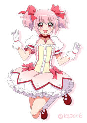 1girl absurdres blush bow breasts bubble_skirt buttons chest_jewel choker collarbone colored_shadow commentary commission dress dress_bow drop_shadow frilled_dress frills full_body gloves hair_bow hands_up highres kagami_chihiro kaname_madoka kaname_madoka_(magical_girl) looking_at_viewer magical_girl mahou_shoujo_madoka_magica mahou_shoujo_madoka_magica_(anime) open_mouth parody pink_bow pink_dress pink_eyes pink_hair pixiv_commission puffy_short_sleeves puffy_sleeves red_choker red_footwear ribbon_choker shadow short_hair short_sleeves simple_background skirt small_breasts smile socks solo soul_gem style_parody twintails twitter_username two-tone_dress white_background white_dress white_gloves white_socks yamaoka_naoko_(style)