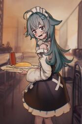 Rule 34 | 2girls, @ @, absurdres, ahoge, animal ears, backless outfit, bare shoulders, blurry, blurry background, blush, character hair ornament, commentary, detached sleeves, english commentary, food, fork, fox ears, green hair, hair ornament, highres, honkai: star rail, honkai (series), huohuo (honkai: star rail), ketchup bottle, long hair, looking at viewer, looking back, maid, maid cafe, maid headdress, motion lines, multiple girls, nock exe, omelet, omurice, open mouth, solo focus, sweat, tail (honkai: star rail), tearing up, trembling, wavy mouth