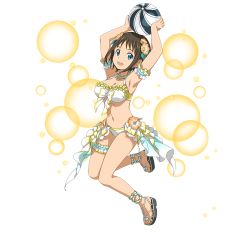 Rule 34 | 1girl, arm strap, armpits, arms up, ball, beachball, bikini, bikini top only, breasts, brown hair, cleavage, collarbone, flower, frilled bikini, frilled bikini top, frills, full body, hair flower, hair ornament, highres, holding, holding ball, jewelry, lens flare, medium breasts, navel, necklace, official art, orange flower, orange hibiscus, ronye arabel, short hair, solo, sparkle, swimsuit, sword art online, transparent background, white bikini