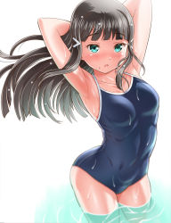Rule 34 | 1girl, :o, aqua eyes, armpits, arms behind head, arms up, bare arms, black hair, blue one-piece swimsuit, blunt bangs, blush, breasts, collarbone, competition school swimsuit, contrapposto, covered navel, cowboy shot, curvy, embarrassed, gonta (gshoutai), hair ornament, hairclip, highres, hime cut, kurosawa dia, long hair, looking at viewer, love live!, love live! sunshine!!, mole, mole under mouth, narrow waist, one-piece swimsuit, open mouth, partially submerged, raised eyebrows, ribs, school swimsuit, skin tight, skindentation, small breasts, solo, spaghetti strap, surprised, swimsuit, tsurime, wading, water, wet, wet clothes, wet hair, white background, wide hips