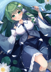Rule 34 | 1girl, bare shoulders, blue skirt, blush, breasts, detached sleeves, flower, frog hair ornament, green eyes, green hair, hair between eyes, hair ornament, hair tubes, highres, japanese clothes, kochiya sanae, large breasts, long hair, looking at viewer, lying, lying on water, miy@, navel, nontraditional miko, open mouth, skirt, snake hair ornament, solo, touhou, water, white flower, white sleeves, wide sleeves