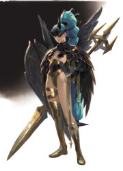 Rule 34 | 1girl, aqua hair, armor, armored leotard, asymmetrical footwear, black cape, black collar, black leotard, black sleeves, blue hair, boots, breast curtains, breasts, cape, collar, covered erect nipples, eyepatch, feathered wings, feathers, full body, gold, gold trim, hand on own hip, headpiece, high collar, high ponytail, highleg, highleg leotard, highres, holding, holding polearm, holding weapon, knee boots, leotard, light blue hair, long hair, long sleeves, medium breasts, original, pauldrons, polearm, polearm behind back, shield, shoulder armor, simple background, single knee boot, single thigh boot, solo, spear, standing, superboltkbh, thigh boots, thighlet, underboob, underbust, uneven footwear, very long hair, weapon, wide ponytail, wings