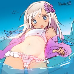 Rule 34 | 1girl, :o, artist name, bikini, bikini skirt, bikini under clothes, blonde hair, blue eyes, blue sky, blush, breasts, cloud, commentary request, day, fish, gluteal fold, hair ornament, hair ribbon, highres, jacket, kantai collection, long hair, long sleeves, looking at viewer, navel, ocean, off shoulder, official alternate costume, one-piece tan, open mouth, ribbon, ro-500 (kancolle), ruohire9, sketch, sky, small breasts, solo, stomach, swimsuit, swimsuit under clothes, tan, tanline, twitter username, unfinished, water, white bikini