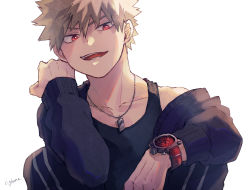 Rule 34 | 1boy, adcalcium, bakugou katsuki, black jacket, black pants, black tank top, blonde hair, boku no hero academia, collarbone, commentary request, highres, jacket, jewelry, knees up, long sleeves, looking at viewer, male focus, necklace, open mouth, pants, red eyes, short hair, signature, simple background, sitting, smile, solo, spiked hair, tank top, upper body, watch, white background