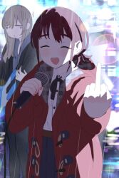 Rule 34 | 2girls, :d, :|, ^ ^, black coat, black ribbon, blonde hair, blue skirt, brown hair, closed eyes, closed mouth, coat, commentary request, girls band cry, guitar, highres, holding, holding guitar, holding instrument, holding microphone, instrument, iseri nina, jiki (gkdlfnzo1245), kawaragi momoka, lens flare, microphone, middle finger, multiple girls, neck ribbon, open mouth, outstretched arm, playing guitar, pleated skirt, rain, red coat, ribbon, shirt, skirt, smile, white shirt