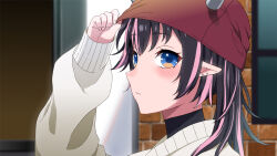 Rule 34 | 1girl, alternate costume, alternate hairstyle, beanie, black hair, blue eyes, blush, closed mouth, commentary, demon girl, demon horns, earrings, expressionless, grey horns, hat, horns, horns through headwear, jewelry, long hair, looking at viewer, looking to the side, multicolored hair, nanashi inc., oinomori may, pink hair, pointy ears, ponytail, portrait, red hat, solo, stud earrings, sweater, two-tone hair, ucbjw5p6zb79750, virtual youtuber, white sweater