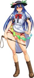 Rule 34 | 1girl, absurdres, bare legs, bdsm, blue hair, blush, boots, bow, cleft of venus, clothes lift, cosine, dress, dress lift, fat mons, food, fruit, gluteal fold, hat, highres, hinanawi tenshi, hip focus, holding, layered dress, legs, long hair, looking at viewer, no panties, peach, puffy short sleeves, puffy sleeves, pussy, red eyes, riding crop, shibari, short sleeves, smile, solo, standing, touhou, transparent background, uncensored, wide hips