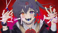Rule 34 | 1girl, absurdres, bad anatomy, bad hands, black choker, black jacket, black nails, blue eyes, blue tongue, blush, bow, bracelet, brown eyes, brown vest, choker, chuunibyou demo koi ga shitai!, colored tongue, fangs, hair ornament, hair ribbon, hands up, heart, heart-shaped pupils, heterochromia, highres, holding, jacket, jewelry, looking at viewer, nail polish, one side up, open mouth, orange ribbon, red background, red bow, reference request, ribbon, scissors, shikkoku no hono mikado, shirt, smile, solo, star (symbol), star hair ornament, symbol-shaped pupils, takanashi rikka, translation request, upper body, vest, white shirt