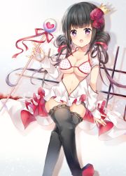Rule 34 | 1girl, :o, bad id, bad pixiv id, bikini, bikini top only, black hair, black thighhighs, blunt bangs, blush, bridal gauntlets, brown hair, collarbone, commentary request, crossed legs, crown, dress, fingernails, flower, frilled thighhighs, frills, gradient hair, hair flower, hair ornament, hand up, heart, holding, holding wand, long hair, looking at viewer, mini crown, multicolored hair, open mouth, original, polka dot, polka dot bikini, polka dot bikini top, red eyes, red flower, red rose, rose, shikino (sikinonono), simple background, solo, swimsuit, thighhighs, unzipped, very long hair, wand, white bikini, white dress