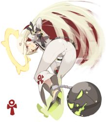 Rule 34 | absurdres, ass, ball and chain restraint, belt, chourui, spiked halo, guilty gear, guilty gear xrd, halo, high heels, highres, jack-o&#039; valentine, mk (masatusaboten), mouth hold, multicolored hair, one eye closed, pantylines, red eyes, red hair, simple background, solo, two-tone hair, white hair