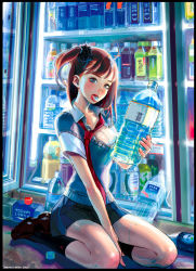 Rule 34 | 1girl, 2013, ahoge, artist name, between legs, black border, black footwear, black skirt, blue eyes, blue tongue, blush, border, bottle, breasts, brown hair, cleavage, collared shirt, colored tongue, convenience store, creatures (company), freckles, game freak, gen 2 pokemon, graphite (medium), hair ornament, hairclip, hand between legs, highres, holding, holding bottle, jacket, kneehighs, large breasts, legs folded, lipstick, looking at viewer, loose necktie, makeup, medium hair, miniskirt, necktie, nintendo, on floor, one side up, open mouth, original, pleated skirt, pokemon, pokemon (creature), red hair, red lips, red necktie, refrigerator, school uniform, scrunchie, shirt, shop, short sleeves, sitting, skirt, snubbull, socks, solo, sweater vest, tongue, tongue out, traditional media, wada (zes16), water bottle, wet