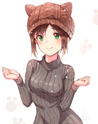 Rule 34 | 10s, 1girl, 2016, animal hat, beanie, blush, breasts, brown hair, brown hat, cat hat, clenched hands, closed mouth, commentary request, dated, eyebrows, green eyes, grey sweater, hat, hidaka kouyou, idolmaster, idolmaster cinderella girls, long sleeves, looking at viewer, maekawa miku, medium breasts, paw print, ribbed sweater, short hair, signature, solo, sweater, turtleneck, turtleneck sweater, twitter username, upper body, w arms, wrists extended