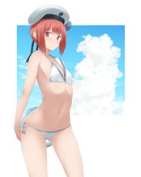 Rule 34 | 10s, 1girl, absurdres, anchor, ball, beachball, beret, bikini, blue sky, blush, breasts, brown eyes, brown hair, character name, clothes writing, cloud, cowboy shot, day, flat chest, groin, hat, highres, kantai collection, looking at viewer, navel, orange (sal1014), red eyes, red hair, ribs, sailor bikini, sailor collar, sailor hat, short hair, side-tie bikini bottom, sky, smiley face, solo, standing, striped, swimsuit, white bikini, white hat, z3 max schultz (kancolle)