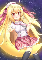 Rule 34 | 1girl, absurdres, aihara kazushi, azur lane, beret, black socks, blonde hair, braid, choker, crescent (azur lane), crescent moon, fang, hair between eyes, hair ornament, hat, highres, looking at viewer, moon, necktie, on crescent, open mouth, pink necktie, pink skirt, plaid, plaid ribbon, pointing, puffy short sleeves, puffy sleeves, rabbit hair ornament, red eyes, ribbon, school uniform, short sleeves, skirt, socks, solo, star (symbol), star hair ornament, starry background, tilted headwear, two side up, white hat