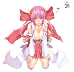 Rule 34 | 1girl, bad id, bad pixiv id, bow, breasts, cleavage, collarbone, detached sleeves, downblouse, hair bow, heart, japanese clothes, kneehighs, kneeling, large breasts, long hair, looking at viewer, miko, orange eyes, original, pink hair, rope, simple background, socks, solo, teddy (khanshin), twintails