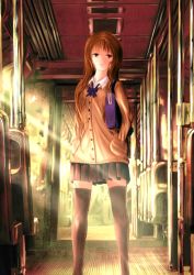 Rule 34 | 1girl, bag, black skirt, black thighhighs, blue bow, blue bowtie, bow, bowtie, brown eyes, brown hair, buttons, chair, closed mouth, collared shirt, expressionless, handbag, hands in pockets, kein hasegawa, legs apart, light rays, lips, looking at viewer, original, over shoulder, pleated skirt, pocket, school bag, school uniform, shirt, skirt, solo, standing, sunlight, thighhighs, train, train interior, white shirt, zettai ryouiki