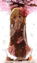 Rule 34 | 1girl, against tree, backlighting, blonde hair, cherry blossoms, covering own mouth, hair ribbon, letter, long sleeves, necktie, petals, red eyes, ribbon, rumia, shirt, skirt, skirt set, solo, touhou, tree, vest, waiting, yuuhagi (amaretto-no-natsu)