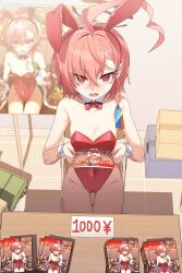 Rule 34 | 1girl, @ @, absurdres, ahoge, animal ears, blue archive, blush, bow, bowtie, braid, detached collar, fake animal ears, flat chest, halo, highres, holding, holding magazine, huge ahoge, hwaen, leotard, looking at viewer, magazine (object), market stall, mind control, mole, mole under each eye, mole under eye, multiple moles, neru (blue archive), neru (bunny) (blue archive), official alternate costume, open mouth, orange hair, playboy bunny, rabbit ears, red bow, red bowtie, red eyes, red leotard, single braid, solo, strapless, strapless leotard, tag, traditional bowtie