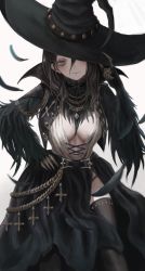 Rule 34 | 1girl, absurdres, belt, black dress, breasts, buttons, cleavage, cowboy shot, cross, diamond button, dress, gold can, hat, highres, inverted cross, long dress, long hair, looking at viewer, medium breasts, original, smile, solo, thighhighs, white background, witch, witch hat