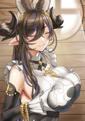 Rule 34 | 1girl, animal ears, bare shoulders, black dress, blush, breast hold, breasts, brown hair, closed eyes, closed mouth, detached sleeves, dress, extra ears, galleon (granblue fantasy), granblue fantasy, highres, horns, large breasts, long hair, long sleeves, pointy ears, smile, solo, springveiv, very long hair