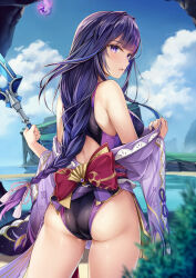 Rule 34 | 1girl, ass, beach, black one-piece swimsuit, blue sky, braid, breasts, competition swimsuit, day, from behind, genshin impact, highres, japanese clothes, kimono, large breasts, long hair, looking at viewer, low-braided long hair, low-tied long hair, mitsudomoe (shape), mole, mole under eye, obi, one-piece swimsuit, outdoors, purple eyes, purple hair, purple kimono, purple one-piece swimsuit, raiden shogun, sash, sky, solo, standing, swimsuit, tomoe (symbol), two-tone swimsuit, very long hair, wet, wide sleeves, yokaze japan