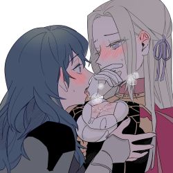 Rule 34 | 2girls, bang gu9, blue eyes, blue hair, blush, breast press, breasts, breath, byleth (female) (fire emblem), byleth (fire emblem), cleavage cutout, clothing cutout, covering own mouth, edelgard von hresvelg, eye contact, face-to-face, fire emblem, fire emblem: three houses, grabbing, grabbing another&#039;s breast, heavy breathing, highres, licking, licking breast, looking at another, multiple girls, nintendo, open mouth, purple eyes, saliva, saliva trail, teacher and student, tongue, tongue out, white hair, yuri