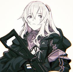 Rule 34 | 1girl, armband, closed mouth, expressionless, girls&#039; frontline, gloves, gun, hair between eyes, hair ornament, highres, holding, holding gun, holding weapon, jacket, long hair, monochrome, scar, scar across eye, scar on face, shirt, simple background, solo, suiso (owp), ump45 (girls&#039; frontline), upper body, weapon, white background