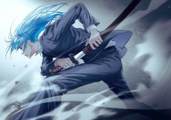 Rule 34 | 1girl, biskos123, black jacket, black necktie, black pants, black suit, blue eyes, blue hair, collared shirt, commentary, cowboy shot, debris, dust, fighting stance, floating hair, formal, from side, grey background, highres, iaidou, jacket, jujutsu kaisen, katana, light blue hair, long hair, long sleeves, miwa kasumi, necktie, pant suit, pants, profile, ready to draw, scabbard, sheath, shirt, solo, standing, suit, sword, unsheathing, weapon, white shirt, wind