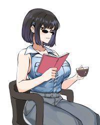 Rule 34 | 1girl, absurdres, bad id, bad pixiv id, belt, black hair, blue shirt, blush, book, breasts, brown eyes, collarbone, cup, girls&#039; frontline, glasses, grey pants, highres, holding, holding book, holding cup, large breasts, looking at viewer, loveu, medium hair, morridow (girls&#039; frontline), pants, shirt, sitting, smile, solo, white background