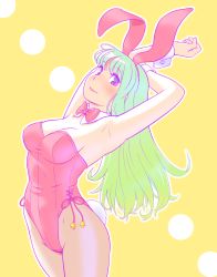 Rule 34 | 1girl, animal ears, arched back, arms up, bow, bowtie, breasts, rabbit ears, rabbit tail, detached collar, fake animal ears, female focus, fukusuke hachi-gou, gradient hair, green hair, highres, long hair, md5 mismatch, multicolored hair, original, pantyhose, playboy bunny, purple eyes, solo, standing, tail, wrist cuffs