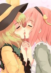 Rule 34 | 2girls, bad id, bad pixiv id, blush, closed eyes, french kiss, green hair, hair ornament, hat, heart, holding hands, incest, kiss, komeiji koishi, komeiji satori, multiple girls, ocha (ochappie), pink hair, short hair, siblings, sisters, tongue, touhou, yuri