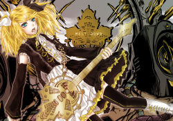 Rule 34 | alternate hairstyle, bad id, bad pixiv id, bass guitar, black thighhighs, blonde hair, blue eyes, detached sleeves, dress, en (pixiv341819), guitar, hair ornament, hairclip, highres, instrument, kagamine rin, kagamine rin (roshin yuukai/hard rkmix), roshin yuukai (vocaloid), solo, thighhighs, twintails, vocaloid, zettai ryouiki