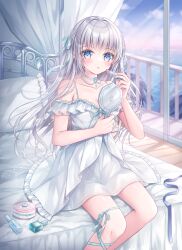 Rule 34 | 1girl, :o, bare shoulders, blue eyes, blue ribbon, blue sky, blush, cloud, collarbone, commentary request, cosmetics, dress, feet out of frame, frilled dress, frills, grey hair, hair ribbon, hand mirror, highres, holding, holding lipstick tube, holding mirror, horizon, indoors, kohinata hoshimi, lipstick tube, long hair, looking at viewer, mirror, ocean, off-shoulder dress, off shoulder, on bed, original, parted lips, redrawn, ribbon, sitting, sky, solo, sunrise, very long hair, water, white dress, window
