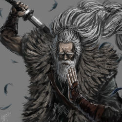Rule 34 | 1boy, arm up, artist name, beard, black kimono, closed mouth, commentary request, facial hair, feather trim, feathers, great shinobi owl, grey background, grey hair, hand on own chin, holding, holding sword, holding weapon, japanese clothes, katana, kimono, long hair, long sleeves, male focus, ogamiya jin, old, old man, ponytail, scar, scar across eye, scar on face, sekiro: shadows die twice, sheath, simple background, solo, sword, unsheathing, upper body, very long hair, weapon, weapon on back, wrinkled skin