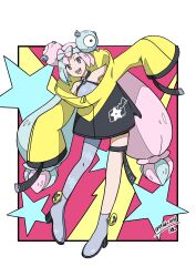 Rule 34 | 1girl, 99akt1031, :d, boots, border, bow-shaped hair, character hair ornament, creatures (company), full body, game freak, grey footwear, grey pantyhose, grey shirt, hair ornament, happy, highres, iono (pokemon), jacket, long hair, multicolored hair, nintendo, open mouth, outstretched arms, pantyhose, pink hair, pokemon, pokemon sv, shirt, single leg pantyhose, sleeveless, sleeveless shirt, smile, solo, star (symbol), star print, teeth, thigh strap, tongue, twintails, two-tone hair, upper teeth only, white border, yellow jacket