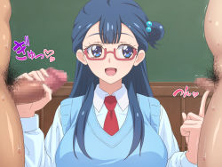 Rule 34 | 1girl, blue eyes, blue hair, blush, breasts, censored, collared shirt, erection, glasses, hair over shoulder, handjob, highres, hugtto! precure, indoors, large breasts, large penis, legs, long hair, looking to the side, male pubic hair, mosaic censoring, multiple penises, necktie, open mouth, penis, penis poke, penis size difference, precure, pubic hair, red-framed eyewear, school uniform, shirt, sidelocks, sitting, size difference, small penis, small penis humiliation, smile, solo focus, sound effects, standing, tedain, thighs, upper body, yakushiji saaya