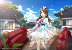 Rule 34 | 1girl, :d, absurdres, bad id, bad pixiv id, bare shoulders, blue eyes, blue sky, blurry, blurry foreground, blush, breasts, bridge, brown hair, building, cloud, commentary, day, depth of field, hanbok, head tilt, highres, huge filesize, korean clothes, long hair, looking at viewer, medium breasts, moong gya, open mouth, original, outdoors, petals, pleated skirt, round teeth, see-through, skirt, skirt hold, sky, smile, solo, standing, symbol-only commentary, teeth, upper teeth only, very long hair, white skirt
