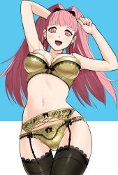 Rule 34 | 1girl, :d, absurdres, aegis (nerocc), arms up, bare arms, bare shoulders, black bow, black thighhighs, blue background, blunt bangs, bow, bow bra, bow panties, bra, breasts, cleavage, cowboy shot, earrings, fire emblem, fire emblem: three houses, garter belt, gold panties, hair ornament, heart, heart hair ornament, highres, hilda valentine goneril, hoop earrings, jewelry, lace, lace-trimmed bra, lace-trimmed legwear, lace-trimmed panties, lace trim, large breasts, long hair, navel, nintendo, open mouth, panties, pink hair, red eyes, smile, solo, stomach, thigh gap, thighhighs, twintails, two-tone background, underwear, underwear only, white background, yellow bra, yellow panties