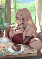 Rule 34 | 1girl, absurdres, ass, blonde hair, blue eyes, blush, breast rest, breasts, cake, cake slice, cleavage, desk, dress, elbow gloves, food, fork, gem, glasses, gloves, highres, huge ass, huge breasts, leaning forward, long hair, looking at viewer, monobe yuri, original, pointy ears, red dress, sitting, smile, solo, table, tachikawa yoru (dragoaman), window