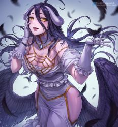 Rule 34 | 1girl, albedo (overlord), bare shoulders, black feathers, black hair, black wings, box (hotpppink), breasts, cleavage, demon girl, demon horns, demon wings, detached collar, dress, falling feathers, feathered wings, feathers, gloves, hand on own cheek, hand on own face, hip vent, horns, large breasts, lich, low wings, off-shoulder dress, off shoulder, open mouth, overlord (maruyama), slit pupils, white dress, white gloves, white horns, wings, yellow eyes