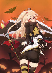 Rule 34 | 1girl, ass, asymmetrical legwear, azur lane, bat (animal), black gloves, blurry, capelet, cleveland (azur lane), cleveland (reaper fever) (azur lane), commentary request, depth of field, fingerless gloves, from behind, gloves, halloween, hentai kuwa, highres, holding, light brown hair, long hair, looking at viewer, looking back, mismatched legwear, one side up, reaching, reaching towards viewer, red eyes, scythe, shorts, solo, thighhighs, zettai ryouiki
