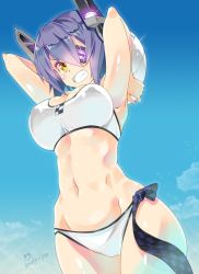 Rule 34 | 10s, 1girl, armpits, artist name, ball, beachball, bikini, blue eyes, breasts, cleavage, collarbone, covered erect nipples, day, eyepatch, female focus, from below, gradient background, headgear, highres, imu sanjo, kantai collection, large breasts, looking at viewer, navel, open mouth, purple hair, short hair, sky, solo, swimsuit, tenryuu (kancolle)