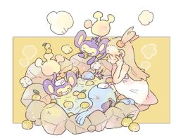 Rule 34 | 1girl, aipom, bare arms, bare shoulders, brown eyes, closed mouth, creatures (company), dress, food, fruit, game freak, gen 2 pokemon, hair bobbles, hair ornament, hands on own face, hands up, jasmine (pokemon), katiko, light brown hair, long hair, nintendo, onsen, orange (fruit), pokemon, pokemon (creature), pokemon gsc, quagsire, rock, sitting, smile, soaking feet, steam, towel, towel on head, two side up, water, white dress, wooper