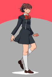 Rule 34 | 1girl, bow, brown hair, commentary request, hair ornament, hairclip, ine (goin), looking at viewer, persona, persona 3, persona 3 portable, red eyes, school uniform, shiomi kotone, short hair, simple background, skirt, smile, solo