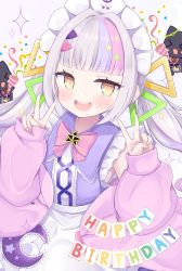 Rule 34 | 1girl, :d, absurdres, apron, blush, bow, bowtie, breasts, cocozasa, commentary request, confetti, double v, dress, hair ornament, happy birthday, highres, hololive, jacket, long hair, long sleeves, maid headdress, multicolored hair, murasaki shion, murasaki shion (magical girl maid), off shoulder, open clothes, open jacket, open mouth, party popper, pink bow, pink bowtie, pink hair, pink jacket, purple dress, purple hair, shiokko (murasaki shion), silver hair, sleeveless, sleeveless dress, sleeves past wrists, smile, solo, sparkle, star (symbol), star hair ornament, streaked hair, teeth, upper teeth only, v, virtual youtuber, white apron, yellow eyes