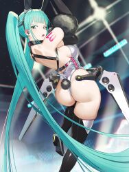 1girl absurdly_long_hair animal_ears aqua_hair ass back black_boots black_gloves blunt_bangs boots breasts earpiece fake_animal_ears fake_tail from_behind gloves hatsune_miku high_heel_boots high_heels highleg highleg_leotard highres leotard long_hair looking_at_viewer looking_back mecha_musume medium_breasts natori_youkai open_mouth rabbit_ears rabbit_tail solo tail thong_leotard twintails very_long_hair vocaloid white_leotard