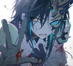 Rule 34 | 1boy, aqua hair, arm tattoo, bead necklace, beads, black hair, blood, blood on face, broken mask, clutching chest, cuts, facial mark, forehead mark, genshin impact, gloves, gradient background, hair between eyes, half mask, highres, injury, jewelry, looking at viewer, male focus, mask, multicolored hair, necklace, open mouth, reaching, reaching towards viewer, simple background, solo, sweat, tattoo, upper body, xiao (genshin impact), yellow eyes, yue (shemika98425261)