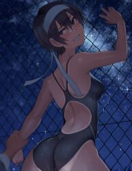 Rule 34 | 1boy, 1girl, absurdres, ass, blush, breasts, chain-link fence, commentary request, competition swimsuit, covered erect nipples, fence, grin, headband, highres, looking at viewer, lvi, medium breasts, night, night sky, one-piece swimsuit, original, outdoors, short hair, sky, smile, sparkle, star (sky), swimsuit, tan, tanline, tomboy, white headband
