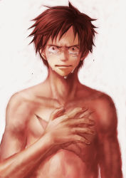Rule 34 | 1boy, black eyes, black hair, crying, crying with eyes open, face, hand on another&#039;s chest, hand on own chest, highres, hora (no5567), lips, male focus, manly tears, monkey d. luffy, no5567, one piece, sad, scar, short hair, solo, tears, topless male, white background